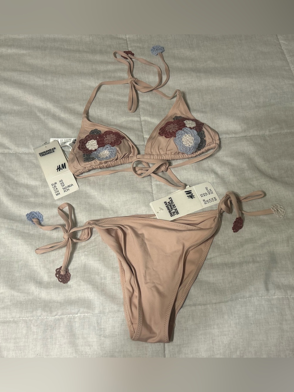 H&M Light Pink Triangle Bikini with Multicolor Floral Embroidery NWT
